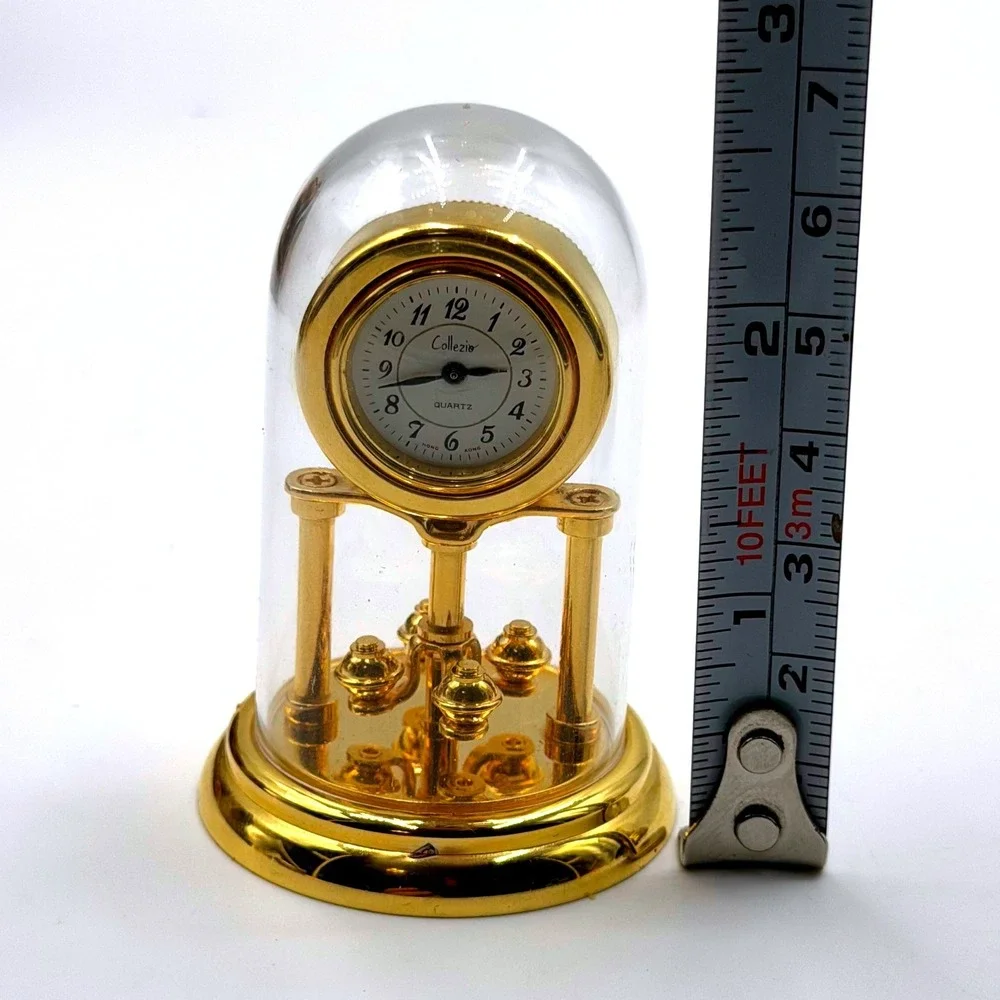 Collezio Miniature Anniversary Clock Gold Tone Glass Dome Quartz Desk Decor 3in